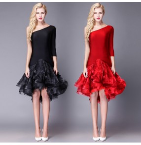 Black red one shoulder irregular hem women's ladies female competition performance professional latin dance dresses